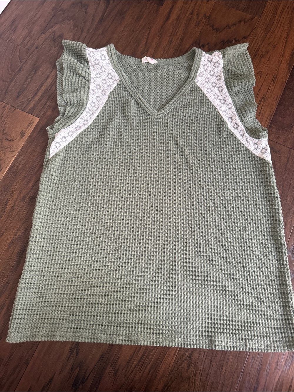 BiBi Olive Green Waffle Knit V-Neck Tank with White Lace Trim